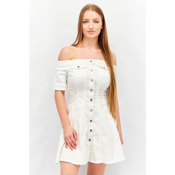 Vero Moda Women Off Shoulder Short Sleeve Plain Denim Mini Dress, White size S - Picture 1 of 7